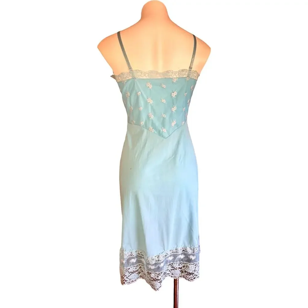 Vintage 1960s Rogers Baby Blue Nylon Tricot Full Slip Embroidered Lace Bodice 40